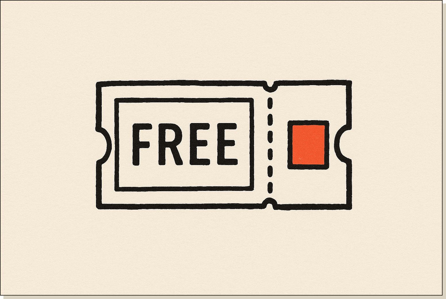 The honest version of the free trial: a small stub, not the full ticket. A small ticket with a tear-off perforation half labelled FREE and the other half stamped in orange