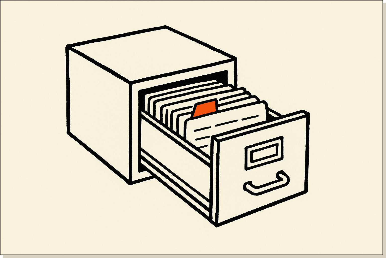 A skill is a card in the drawer. Tag it, label it, hand it back to Claude when the moment calls for it. A filing cabinet drawer pulled open with several labelled SKILL cards inside, single orange flag on one card