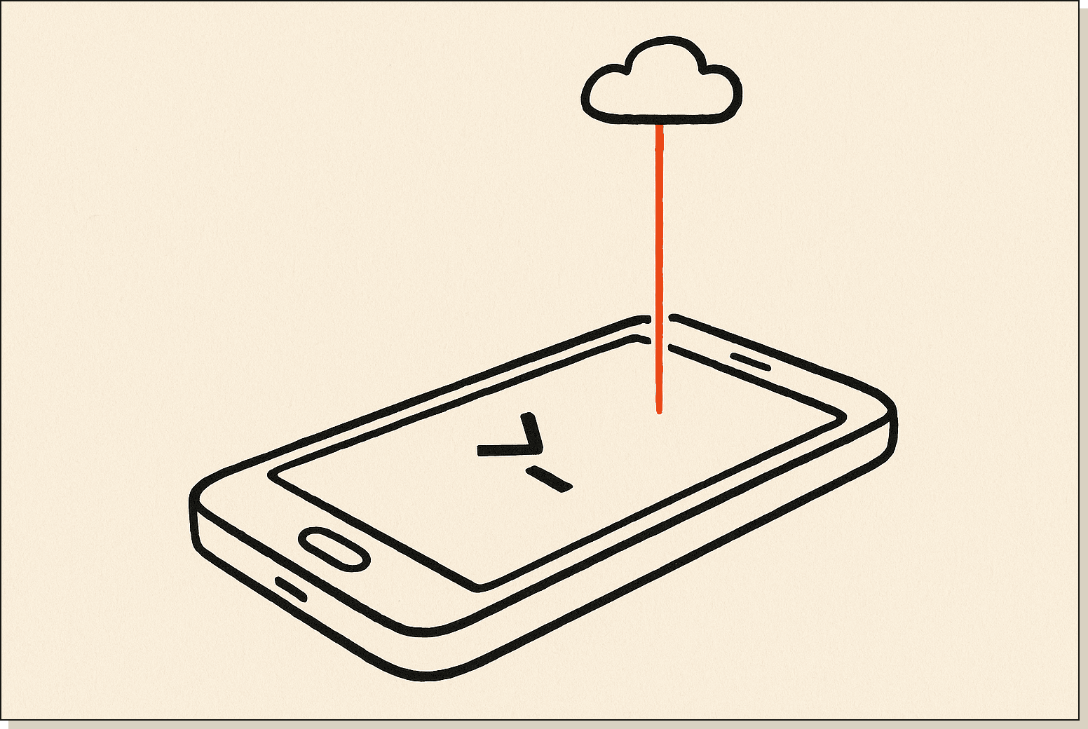 Claude Code from a phone. The cloud sandbox does the work, the screen just shows the result. A smartphone laid flat with a small terminal cursor visible on its screen and a thin orange thread connecting to a tiny cloud icon