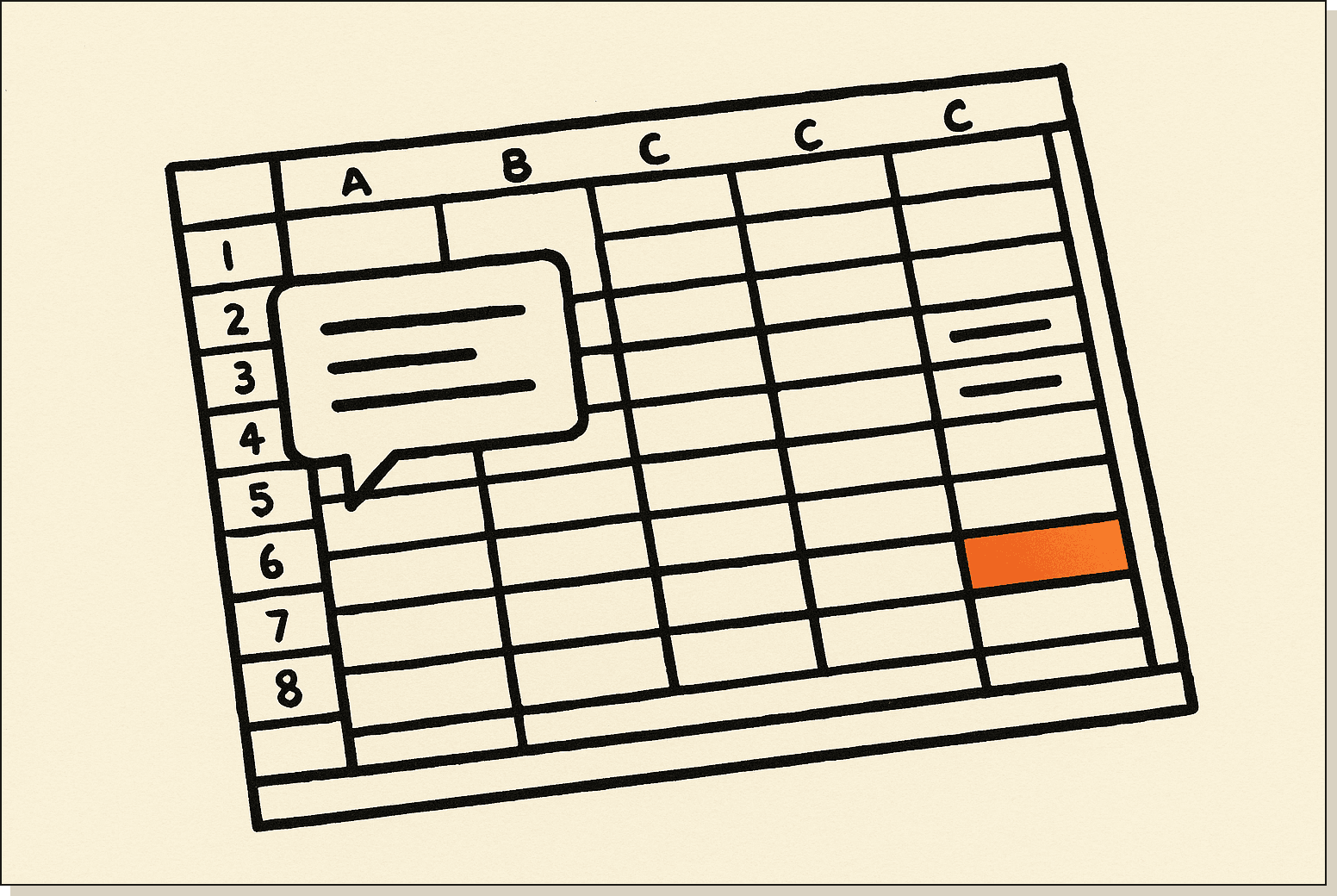 Claude for Excel as a sidebar that reads the entire workbook, not a chatbot that needs you to paste cells. An Excel grid with several cells highlighted and a small floating side panel with chat lines, one cell marked in orange