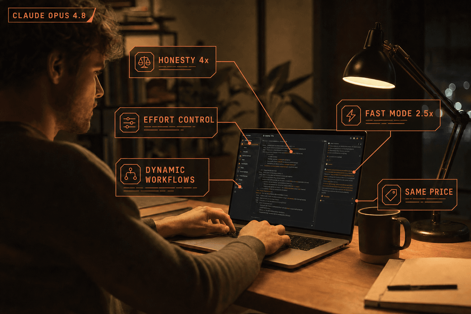 Everything that shipped alongside Claude Opus 4.8. Infographic of the five updates that shipped with Claude Opus 4.8: honesty, effort control, dynamic workflows, fast mode, and same pricing