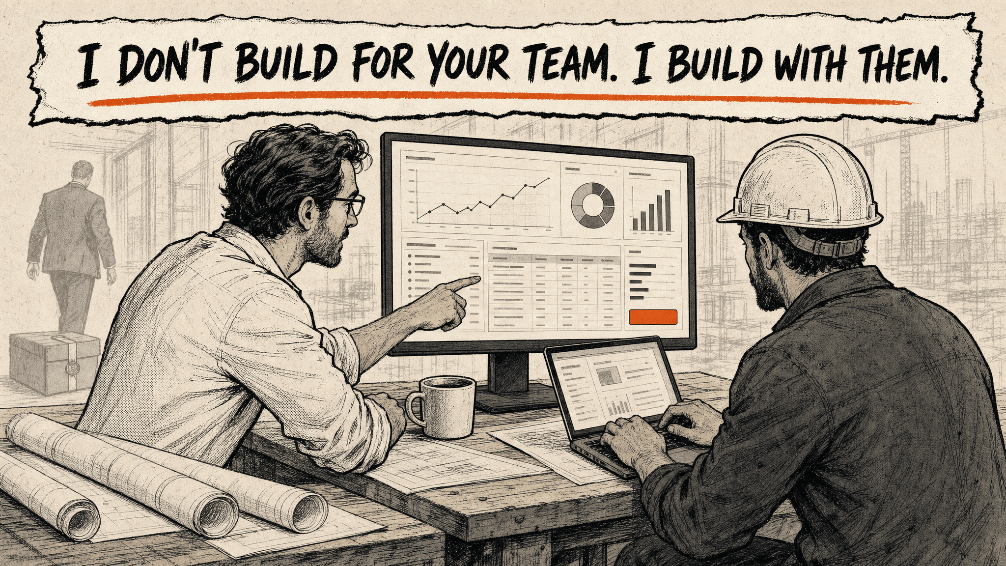 They build, you own it: Tom architects while your team builds Tom building an AI system alongside a client's team member at the keyboard